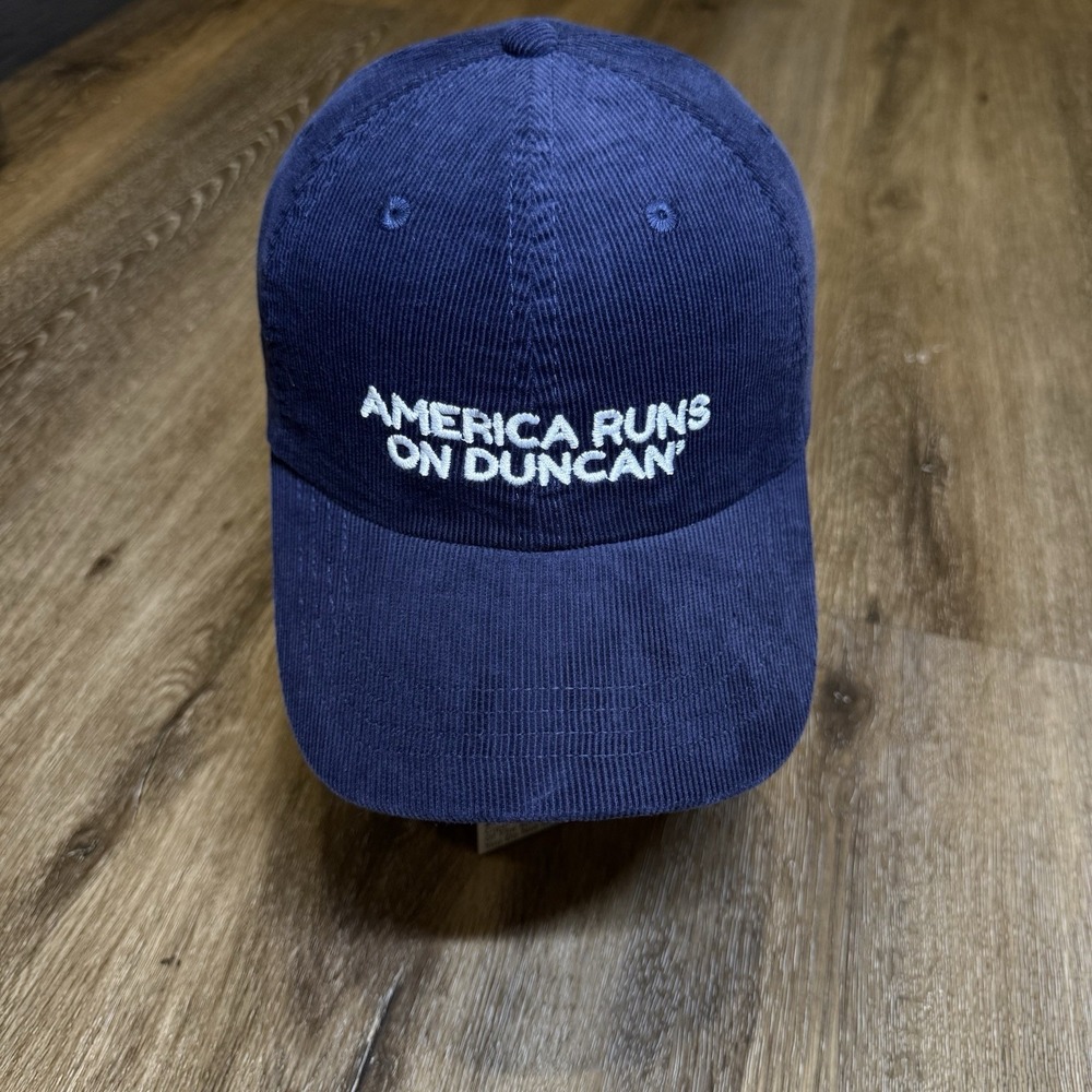 America Runs on Duncan Dunkin Hat Navy Blue Corduroy Name Parody Slogan Comedy